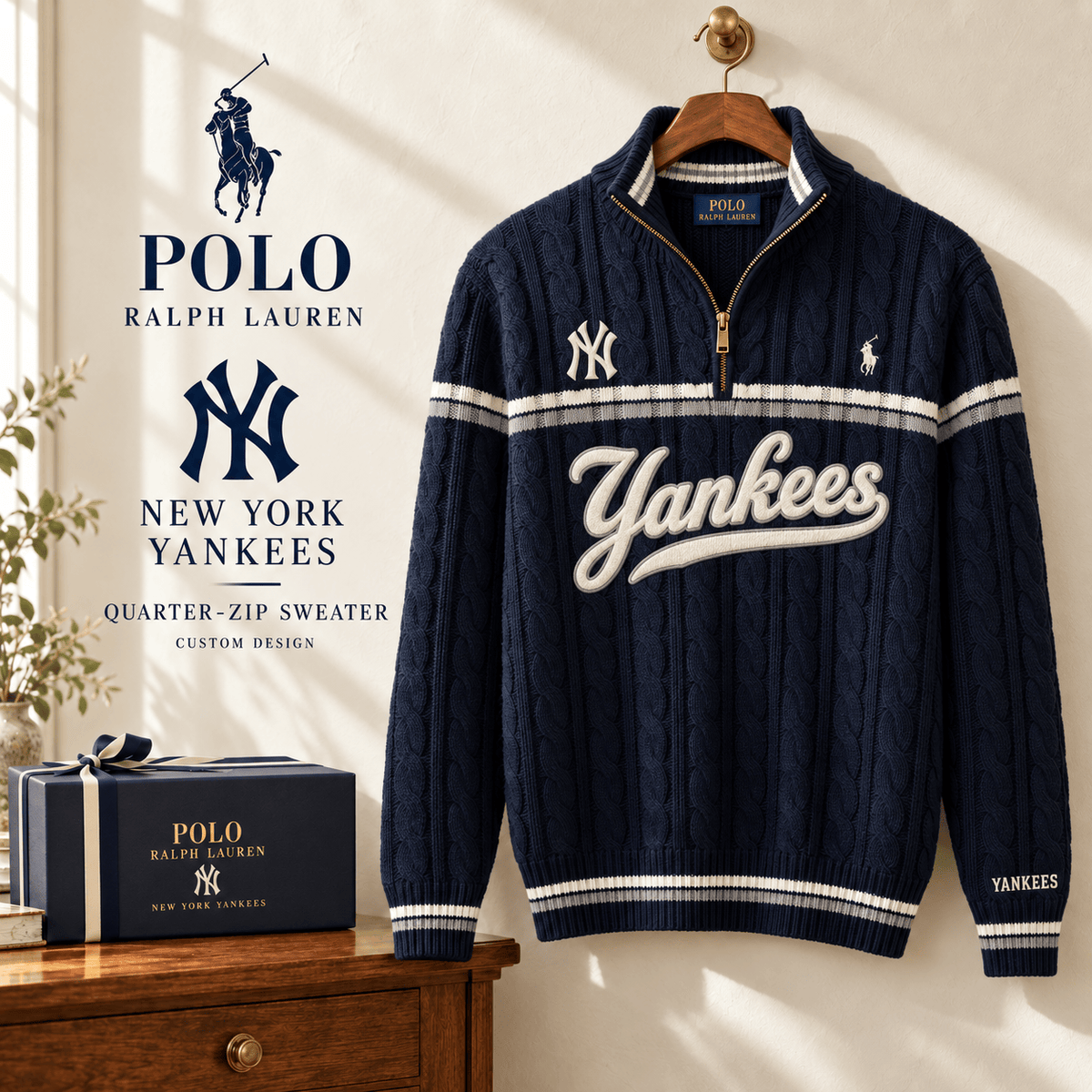 NYY PREMIUM Varsity Cable-Knit Quarter-Zip Sweater NHVH